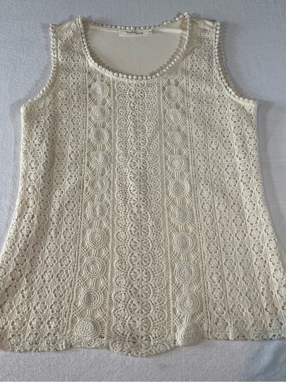 Solitaire Cream Crochet Pom-Pom Trim Tank Top Boho Cottagecore